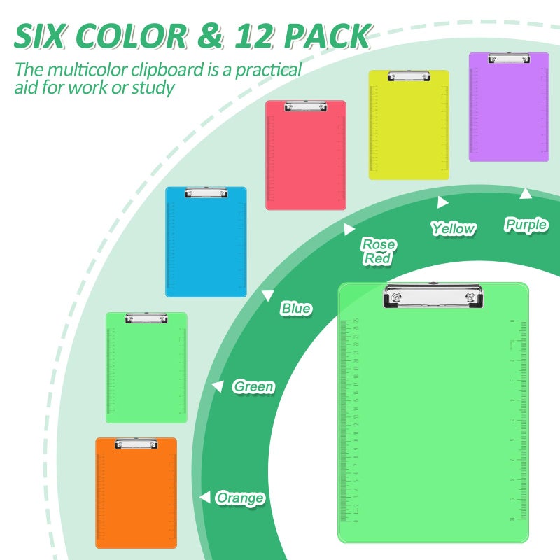 PANDRI Plastic Clipboards  PANDRI 12 Pack Clear Colored Clipboards  Low Profile Clip Board 12.5 x 9 Inch Standard Letter Size  Office Supplies Classroom - Image 3